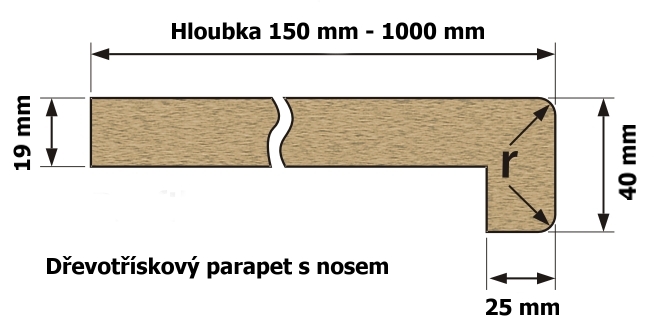 Vnitřní parapet dřevotříska s nosem  150 mm